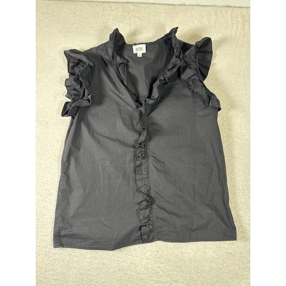 BiBi Ruffle Trim Top Women Small Black Excellent Sleeveless Cotton IP7356